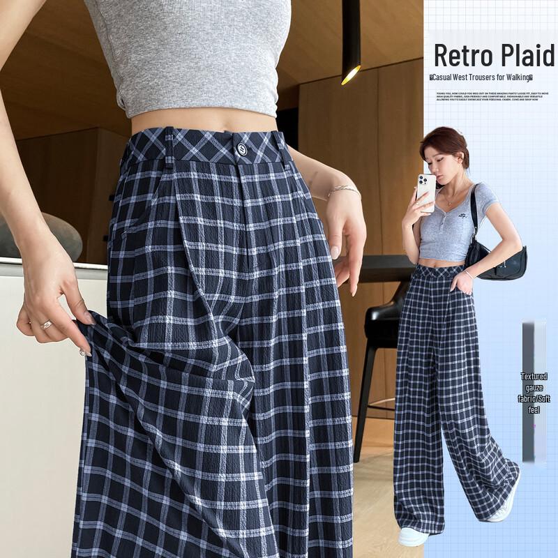 Handu Yishe Women s Retro Plaid Wide-Leg Casual Pants L