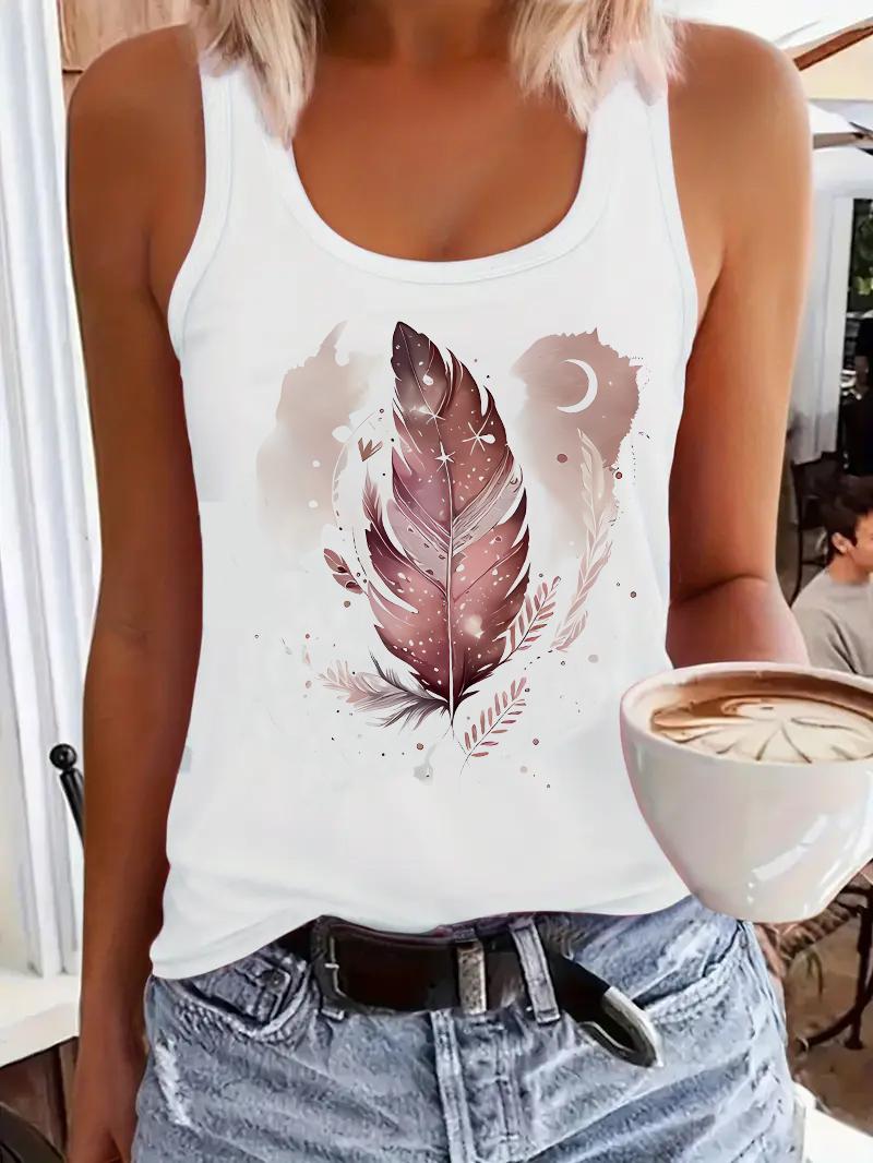 

T-shirt Star Moon with Leaf Design Printed Vest Graphic Print Tank Top Women’s Sleeveless Crew Neck Casual Top for Summer Spring S
