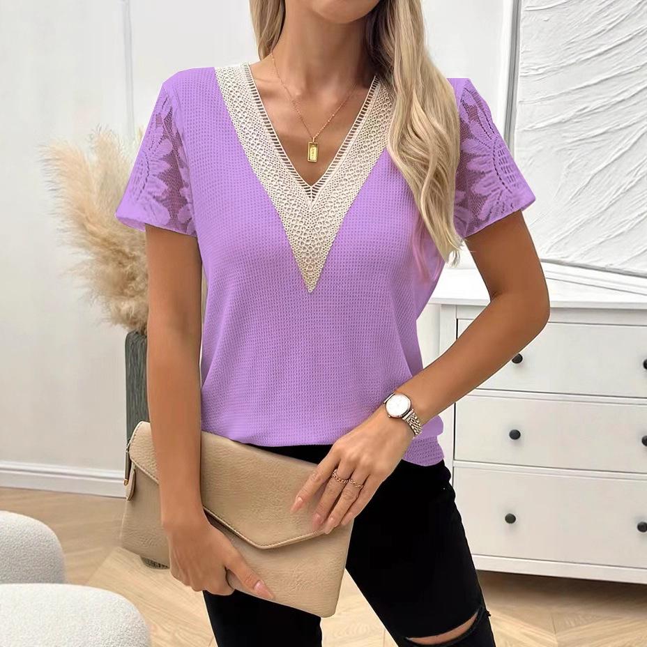 

European-American Women s Casual V-Neck Short-Sleeved Lace Patchwork Henley Top Medium світло-фіолетового кольору
