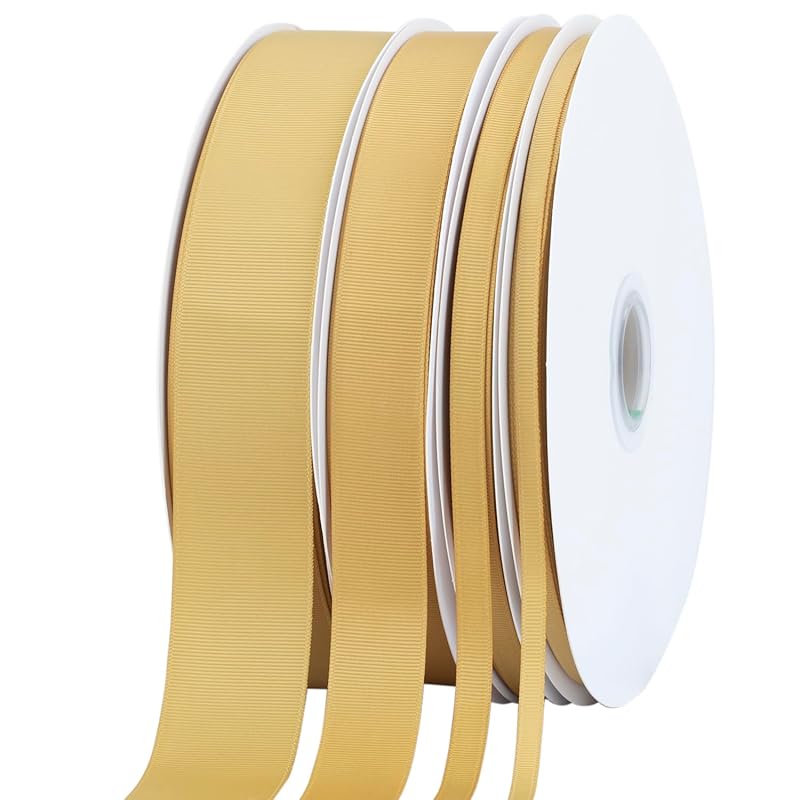 [Tekdeere]Width 25mm Solid Gold Grosgrain Ribbon, Perfect for Gift Wrapping, Sewing, Hair Accessories, Wedding Decorations - 91m/roll