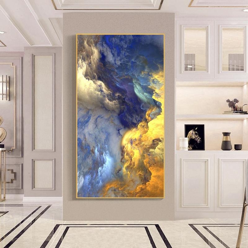 Abstract Golden and Blue Cloud Mist Nordic Wall Art Canvas Posters and Prints Modern Art Fantasy Picture for Living Room Decor