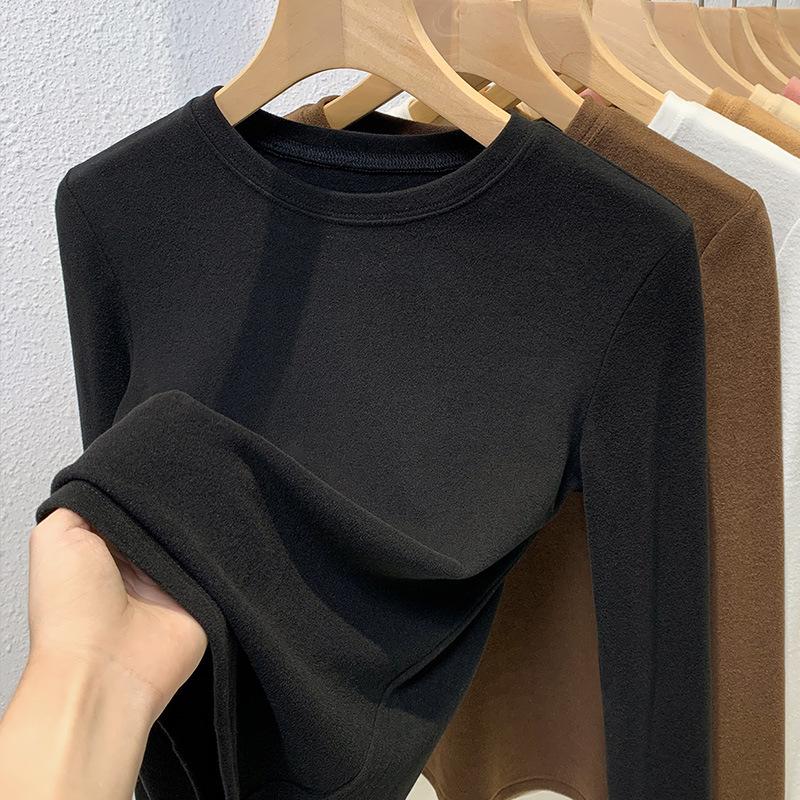 Develvet Basic-Shirt für Damen Neues Damen-Einfarbiges Rundhals-Woll-T-Shirt Thermisches Unterhemd für die Taille