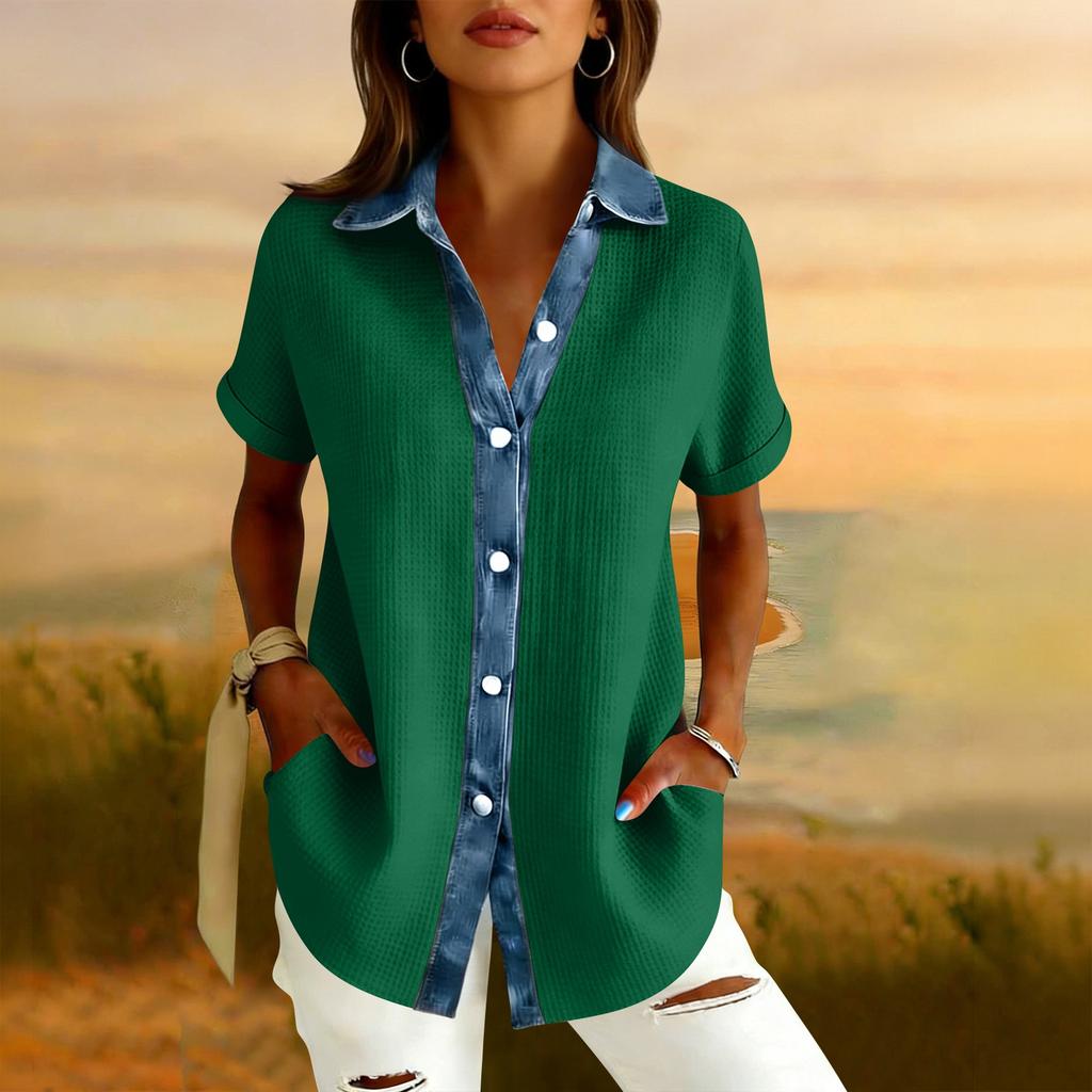 Womens Fashion Color Lapel Short Sleeved Denim Patchwork Button Up Shirt Loose Top