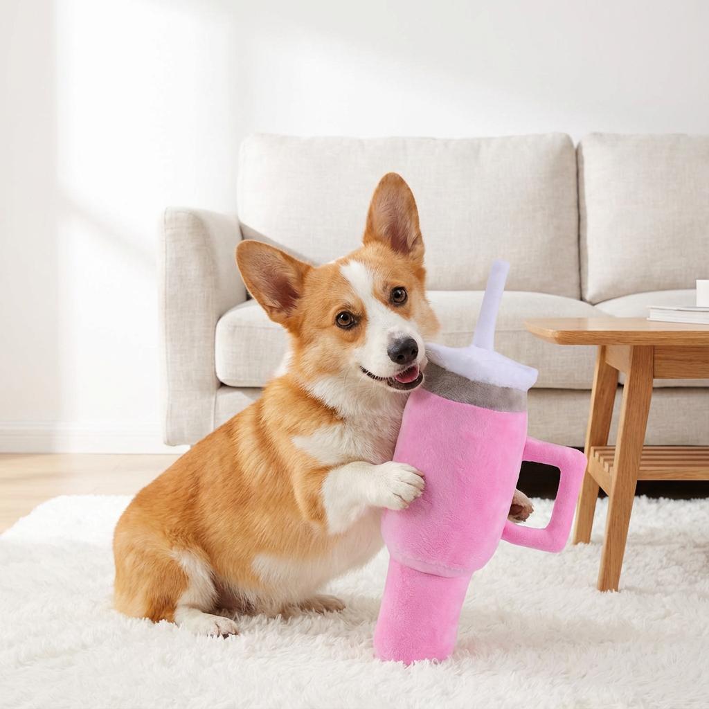 Durable Chew Resistant Pet Water Cup Plush Toy. 26x13cm, for Dogs/Cats, Satisfies Chewing Instinct