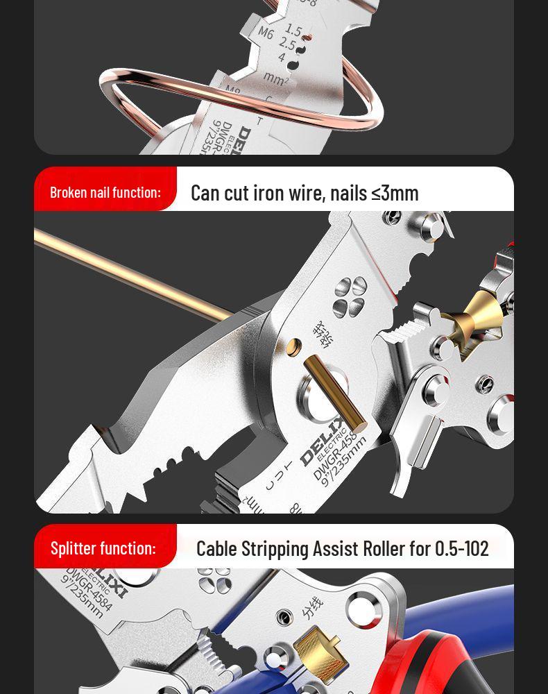 Multifunkční elektrikářské kleště: Nástroj pro stříhání, tahání, odizolování, krimpování, odizolování a navíjení drátů.