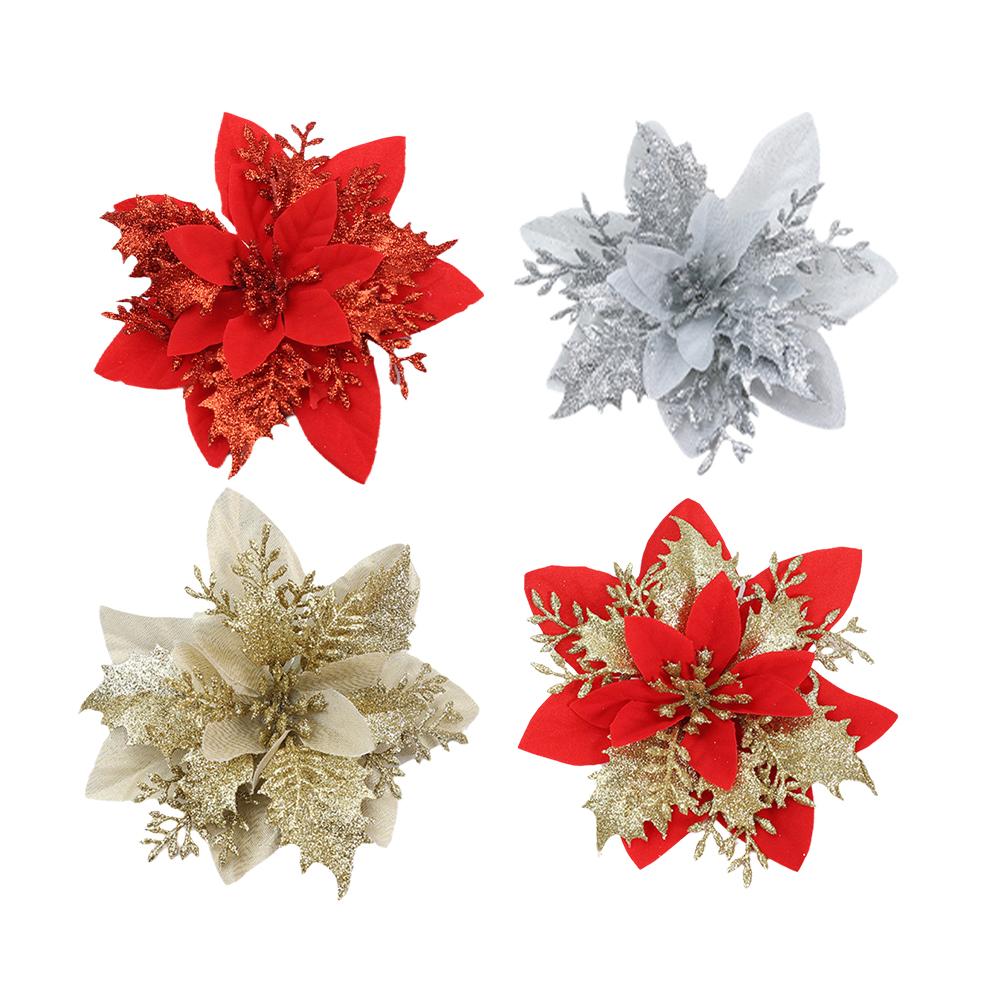 10pcs Christmas Ornament Flower 14cm Glitter Artificial Christmas Flowers Tree Ornaments For Home New Year Gifts Wedding Decor