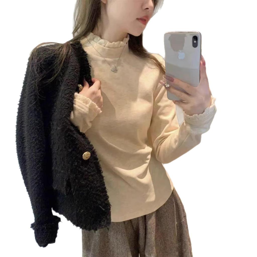 Women's Lace Trim High Neck Long Sleeve T-shirt - 2025 Autumn/Winter Collection Trendy Base Top