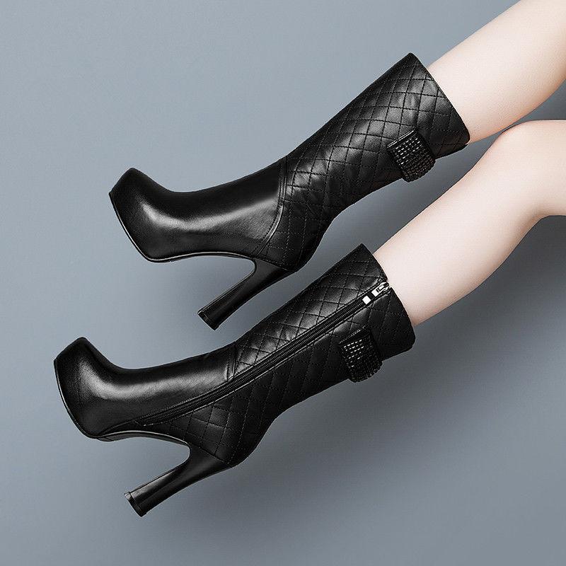 Fashion FHC Cowhide Leather Mid Calf Boots,Women's Winter Shoes Plush Botas,Side Zip,Square Heel Footware Female BLACK PLATFORM,Dropship