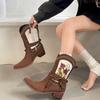 Vintage Ethnic Style Embroidery Woman Ankle Boots Shoes Ladies Elegant Thick Heel Western Cowboy Botas