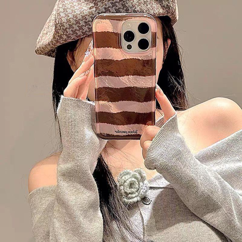 Brown Stripe Print Tinfoil Texture Hard Case for Iphone 16 15 14 13 PRO MAX 11 12 13 PRO XR 7 8 PLUS  Shockproof Phone Cover
