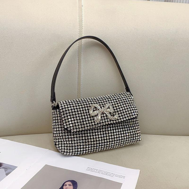 Full Rhinestone Bow Large Capacity Portable Personalized Banquet Diamond Flip Small Square Bag Underarm Crossbody