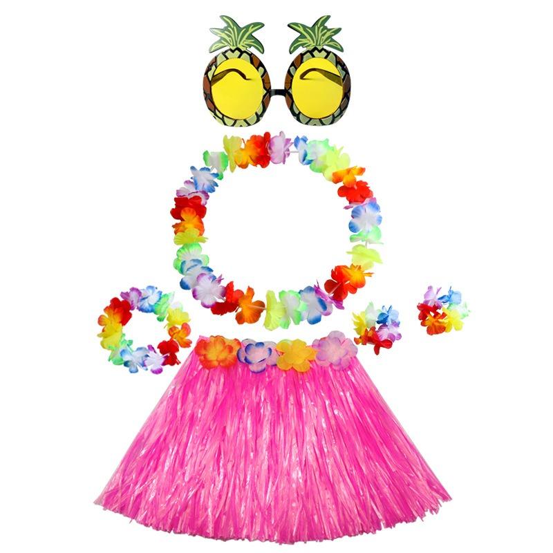 Hawaiian Tropical Party Combo 30CM Grass Skirt 4 Leis 6 Pineapple Glasses Decor