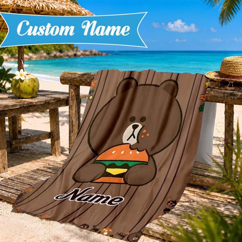 Custom Name Happy Valentine's Day Brown Bear Beach Towel Microfiber Beach Towel, Lightweight and Quick-Dry, for Summer Travel, Swimming Pool Gift