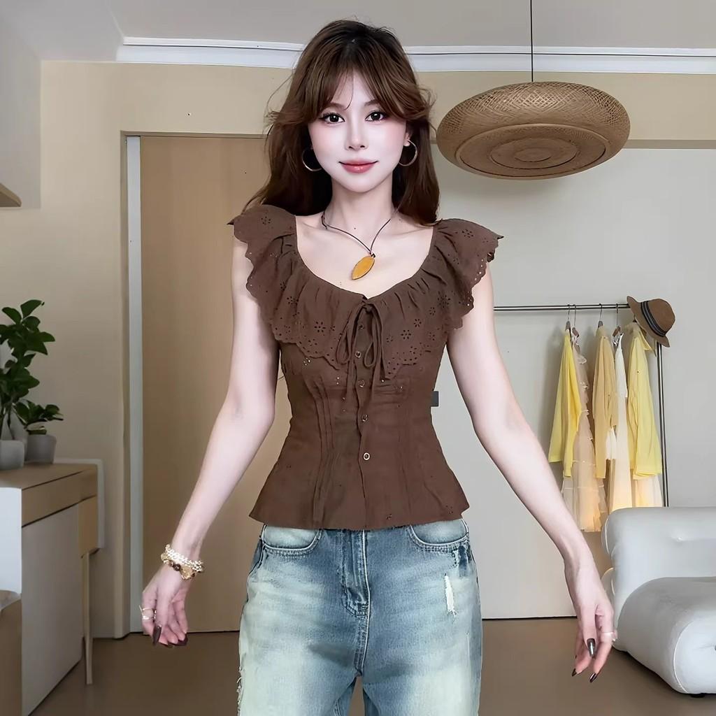 Summer French Small Puff Sleeve Tshirt With Lace Panel For Womens Casual Wear