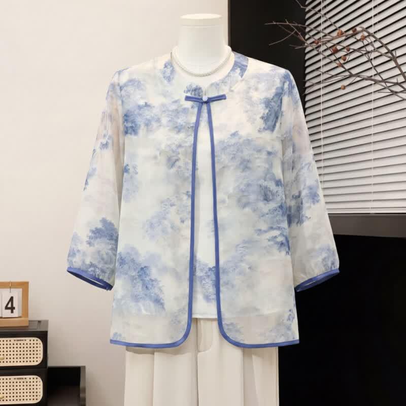 Yuzhaolin Moms New Chinese Style Printed Summer Top XL