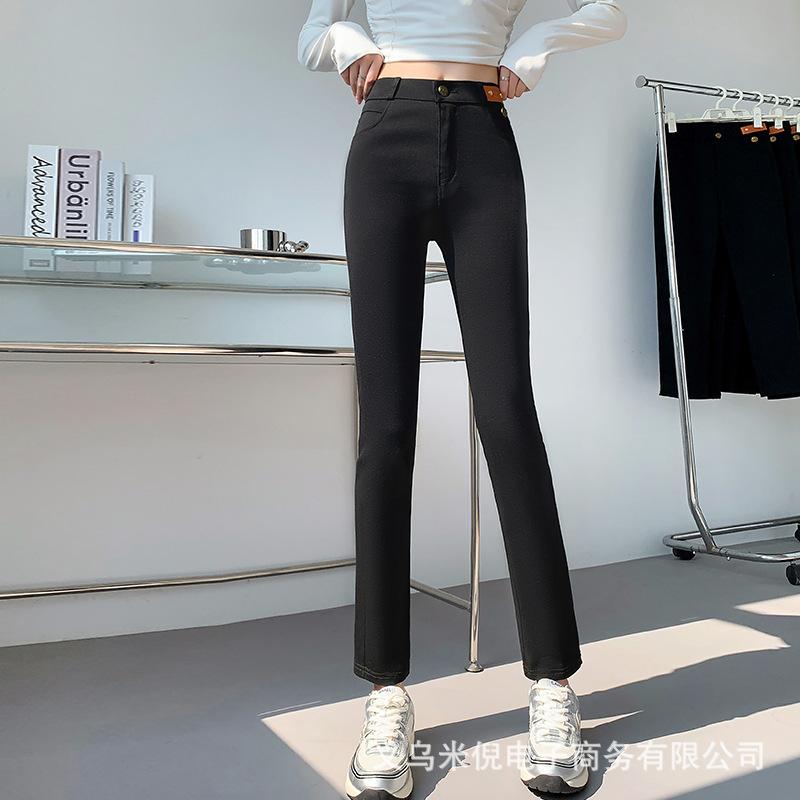 

Брюки-трубы женские новые весенне-осенние с высокой талией узкого кроя девятиточечные черные брюки женские маленькие прямые джинсы XXXL чёрный