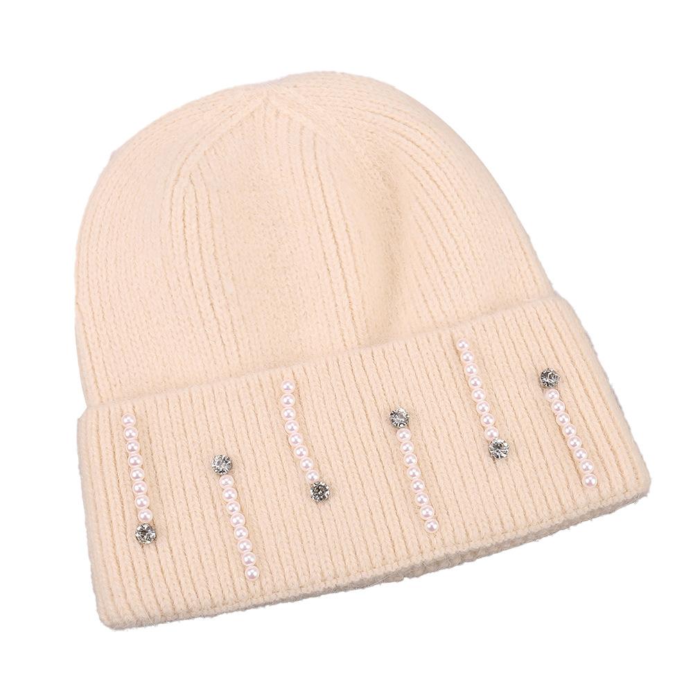 Autumn and winter new fashion rabbit hair blended rhinestone pearl installation versatile knitted hat outdoor simple warm wool hat