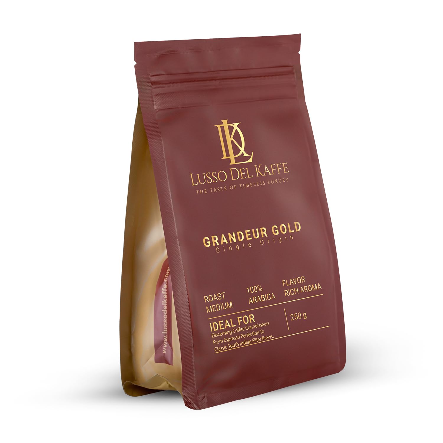 Lusso Del Kaffe | Grandeur Gold Single Origin Arabica Ground Coffee | 100% Pure Arabica | Medium Roast | Smooth & Balanced | Chikmaglur Coffee| 250 g