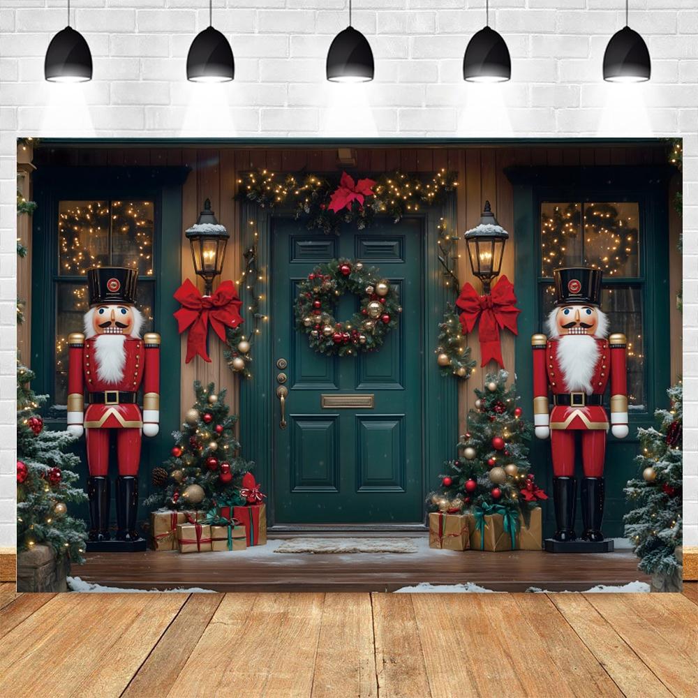 Winter Christmas Photography Backdrop Christmas Toy Wooden Door Nutcracker Garland Family Kids Portrait Photoshoot Background