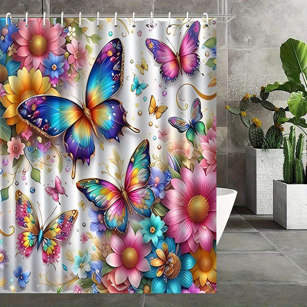 1pc Butterfly Pattern Printed Shower Curtain, Suitable for Home Bathroom Decor, Machine Washable Window Bathroom Decoration
