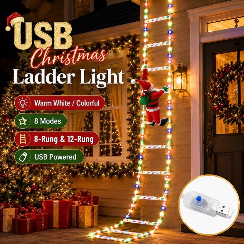 Weihnachtsbeleuchtung USB Leiter Lichterkette 6/8 Sprossen Weihnachtsmann Kletterdeko 8 Modi für Innen Außen Veranda Fenster Baum Party
