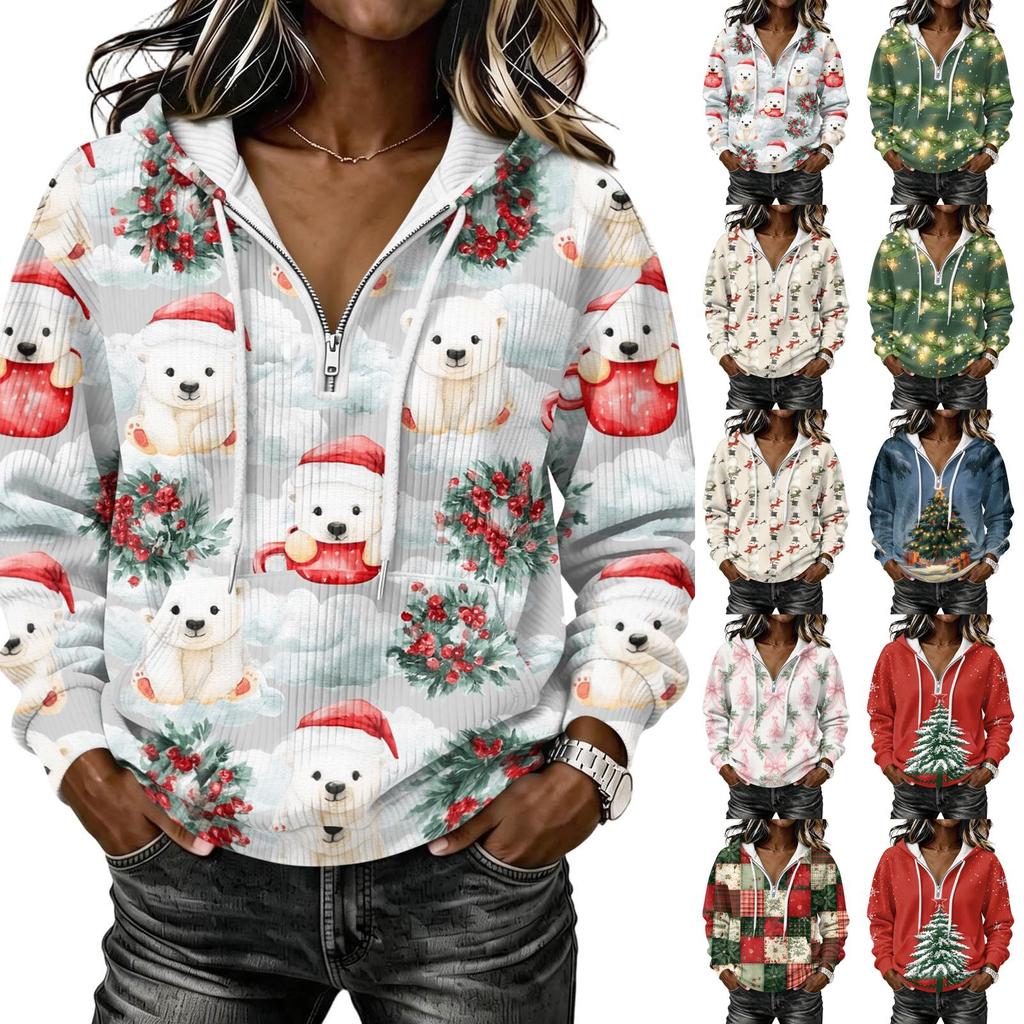Women's Long Sleeve Christmas Print Hoodie Pullover Top with