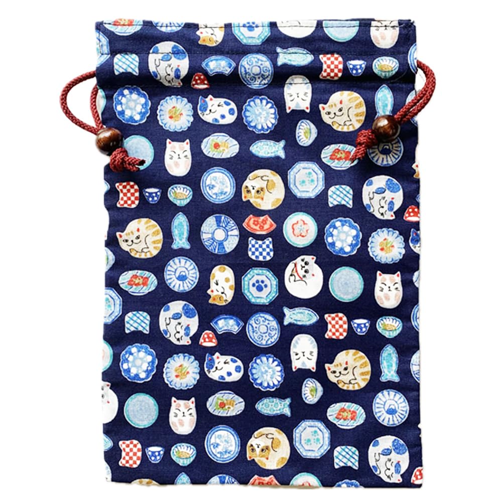 Made In Cotton Drawstring Bag for Goshuincho Stamp X Japanese Cat and Plate Navy Blue Kyosuke, Japan, (Temple Book), 26.5 18cm, Pattern, Design,