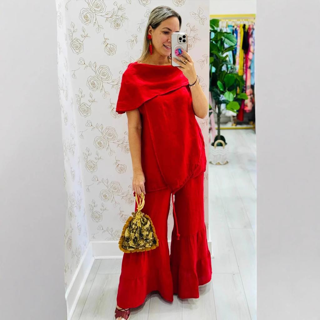 Women's Asymmetrical One Shoulder Top with Flared Wide Leg Pants Set in Multiple Colors