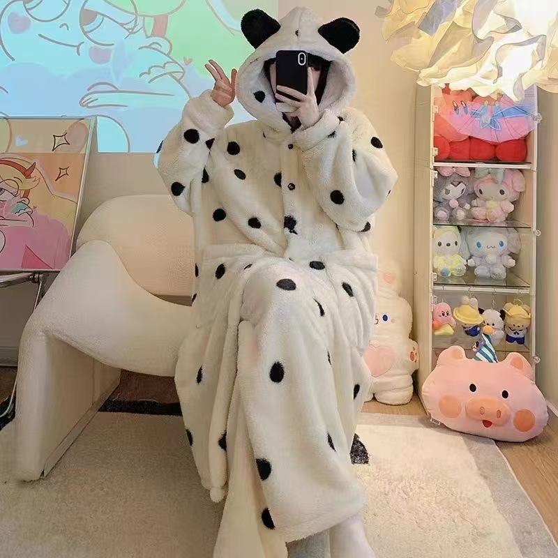 Women Coral Fleece Bathrobe Hooded Flannel Robe Set Thick Warm Loungewear Fall Winter