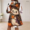 Women Plus Size V Neck Long Sleeve Halloween Sloth Printed Loose Curved Hem Dress