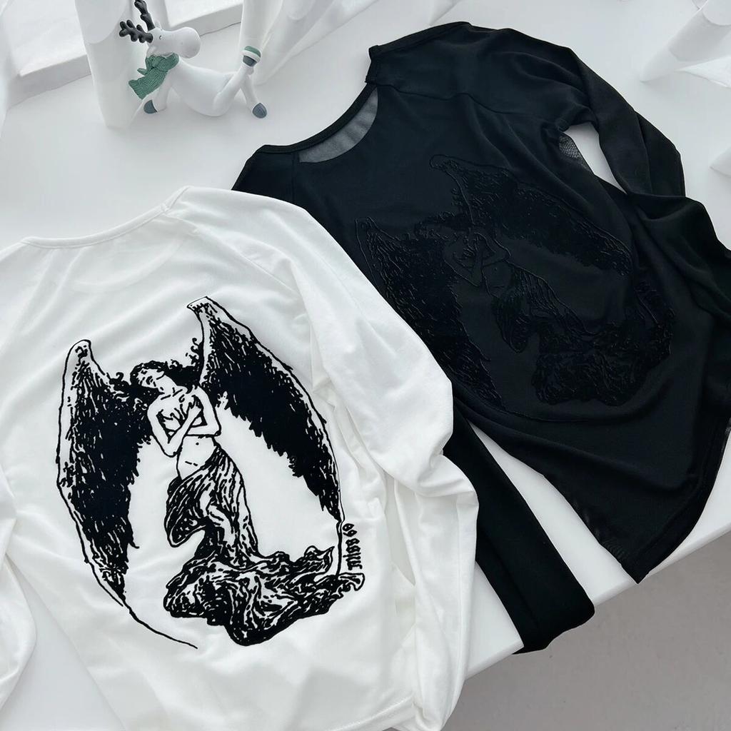 Gothic Y2k Vintage O-Neck Slim T-Shirts Women Chic Mesh Cyber See Through Crop Tops Female Korean Fashion Casual Clothing New