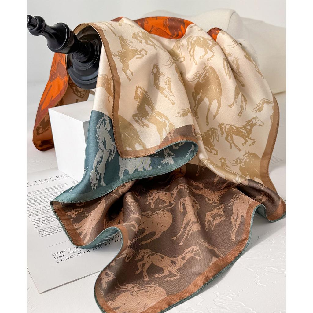 New Splicing Contrasting Color Double-sided Heterochrome Medium Square Scarf Mulberry Silk Twill Silk High-end Neck Protection Scarf