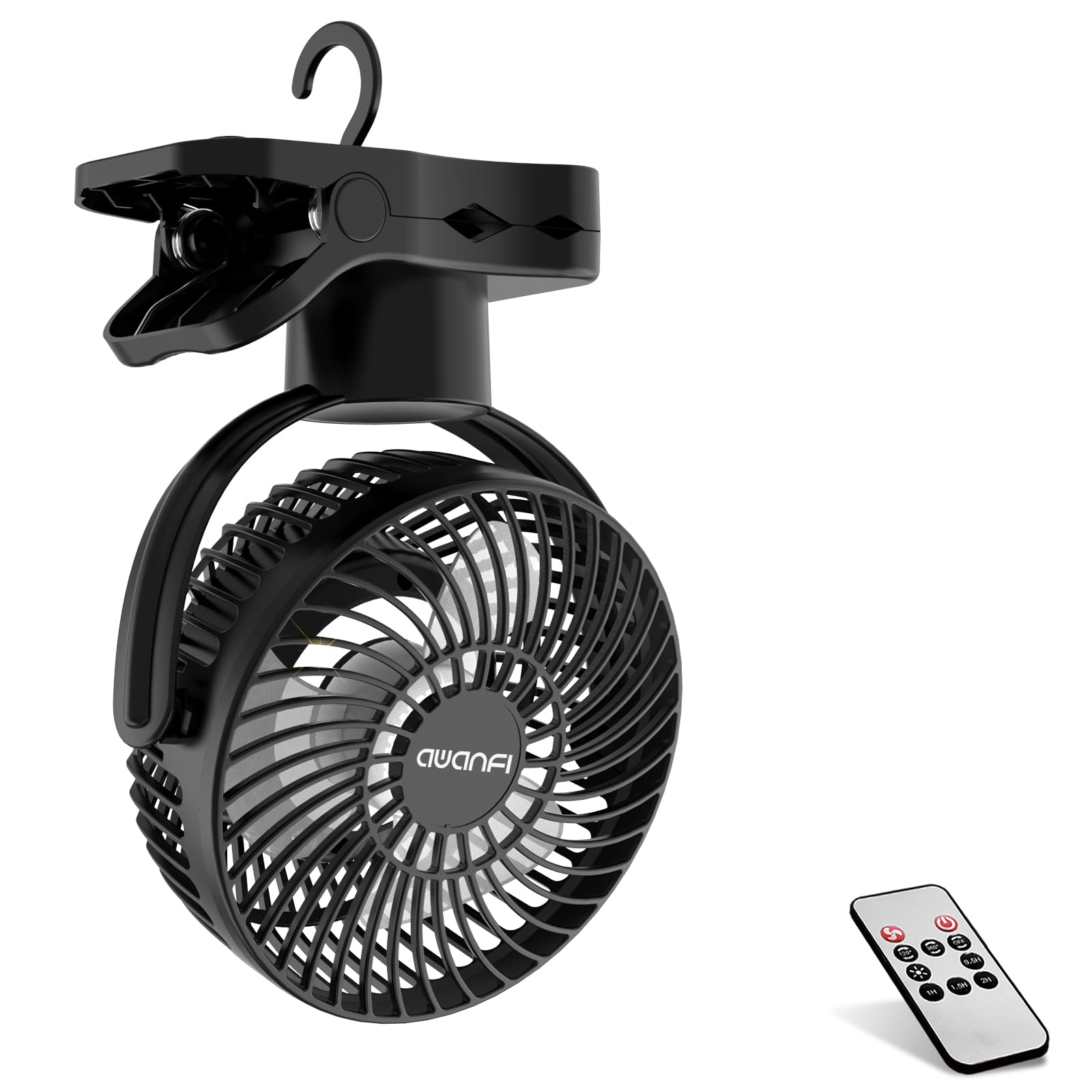 

AWANFI Camping Fan with Automatic USB Remote Adjustable LED Ideal for Camping and Outdoors 360-Degree Swing, 10,000mAh Battery, Clip-on, Tabletop, чорний