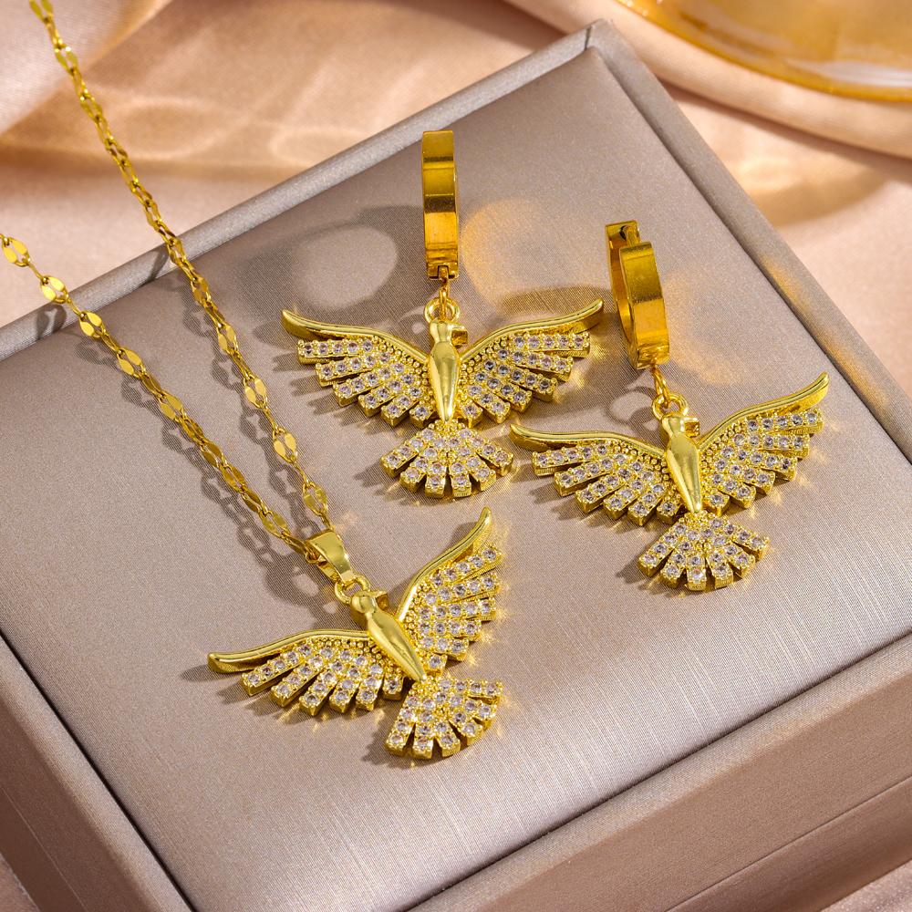 

New Sparkly Gold Plated Vintage Phoenix Necklace Earrings For Women Trendy Female Stainless Steel Neck Chain Jewelry Set