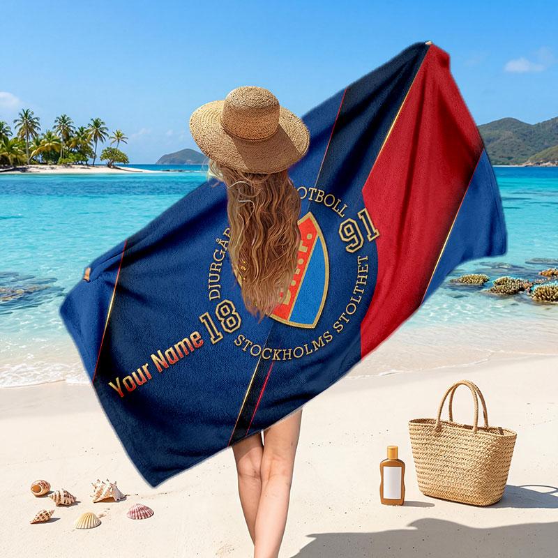Djurgårdens IF Custom Beach Towel, Personalized Name Text Print, Football Logo Soft Quick‑Dry Towel Holiday Gift