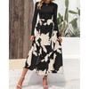 Frühling Langarm Elegant Slim Damen Freizeitkleid Mode Herbst Gespleißter Druck Vintage Lange Kleider Damen Hohe Taille A-Linie Sexy Partykleid 25943