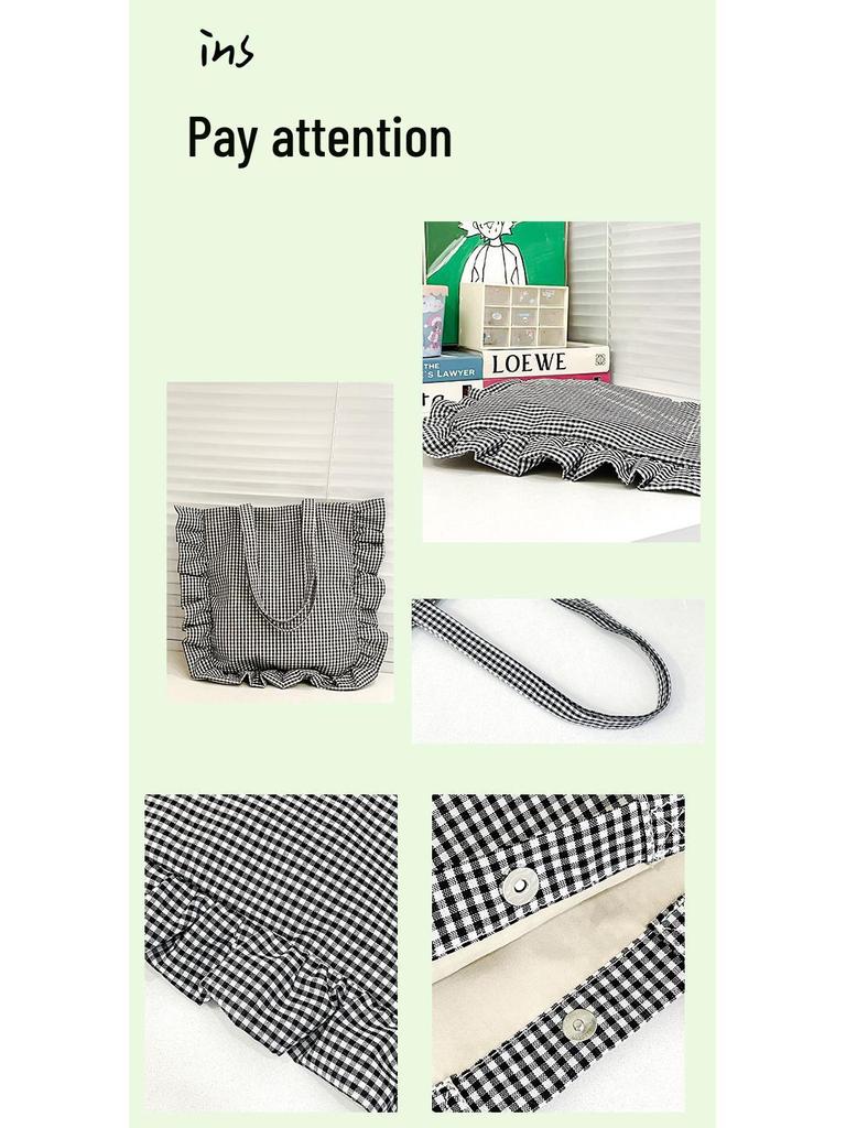 Fresh Checkered Ruffle One-Shoulder Lace Backpack: Cute Korean Style Tote for Daily Commute and Students