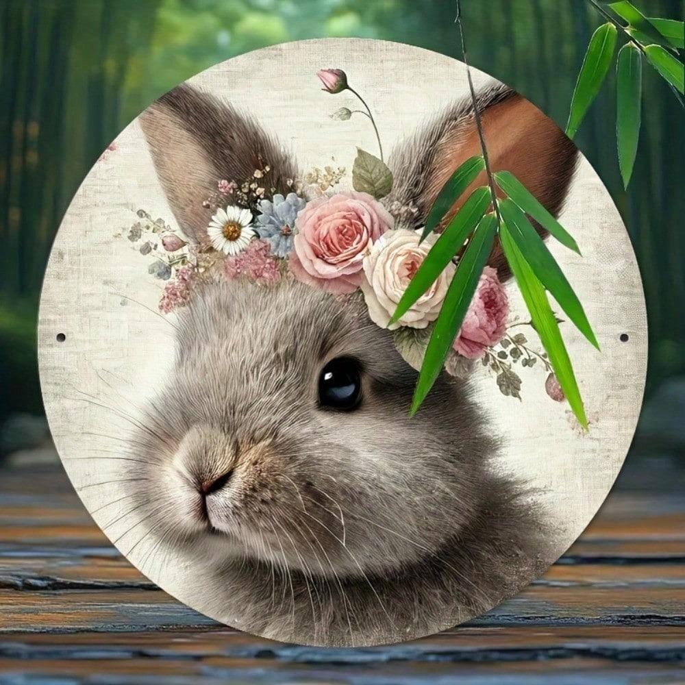 Retro Easter Rabbit Metal Tin Sign Round Wall Decor Rustic Holiday Party Home Garden Porch Decoration 2D Plaque