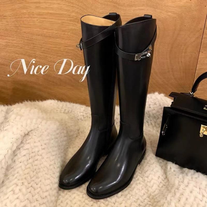 Cowhide Version~ Long Boots Retro and Thin Leather Thick-soled Knight Boots Women's Small Gold Buckle Thick Heel Long Boots High Boots