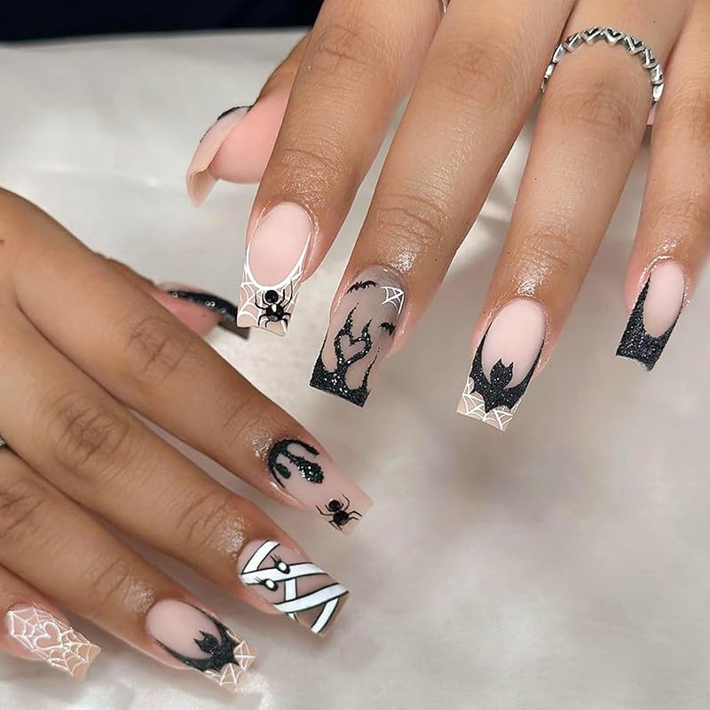 Press on Nails Halloween Square French Tip Fake Nails Mummy and Cobweb Designs Stick on Nail Nude Color Acrylic Nail Halloween Glue on Nails Full