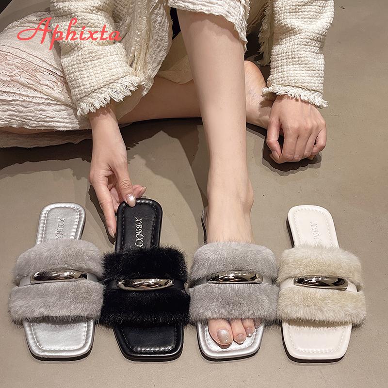 Fashion Aphixta Flat With Furry Women Slippers Outside Modern Slides Shoes Metal Dec Soft White Fur Slippers Fashion Woman Shoes