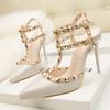 Fashion Fashion Sexy Women's Stiletto Heels Pointed Toe Shoes with Rivet Cutout Two-Strap Design Ladies Shallow Mouth Zapatos Mujer