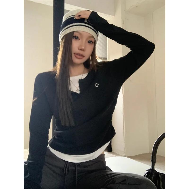 

Футболки с длинным рукавом женские универсальные стильные хипстерские темпераментные топы с круглым вырезом в корейском стиле Harajuku осенние студенческие XL чёрный