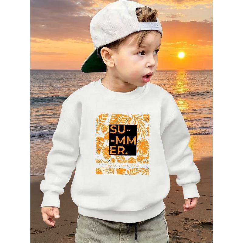 European sizes Kids' Trendy Orange Letter and Leaf Pattern Print Casual Long-Sleeve Crewneck Sweatshirt / Comfortable / Simple and Versatile