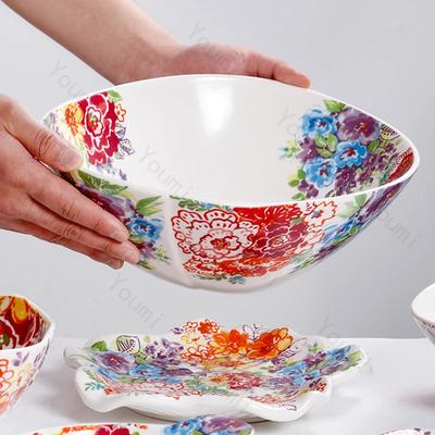 Color Painting Flower Ceramic Bowls Creative Irregular Restaurants Fruit Salad Bowl Exquisite Bowl Plate Set Household Tableware