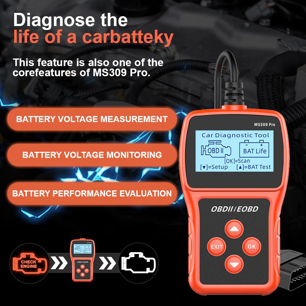 MS309PRO Live Data Code Reader Car Diagnostic Tool Battery Tester Multi-language Check Engine System OBD2 Scanner
