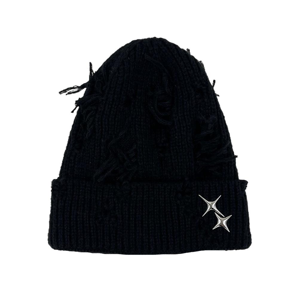 Autumn and Winter Warm Hat Women's Versatile Star Decoration Hole Knitted Hat Warm Ear Protector Wool Hat Men
