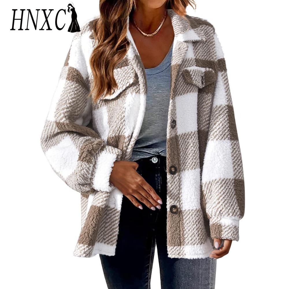 HNXC Damen Vintage Lässig Karomuster Herbst Winter Langarm POLO Kragen Jacken & Mäntel