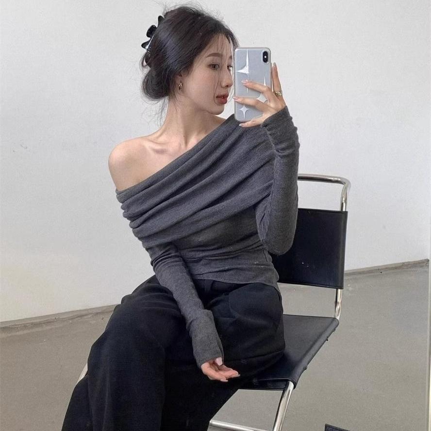 2KWEIRD  Fairycore Off Shoulder Knitted Tops Women Clothes Long Sleeve T Shirt Korean Fashion Tees
