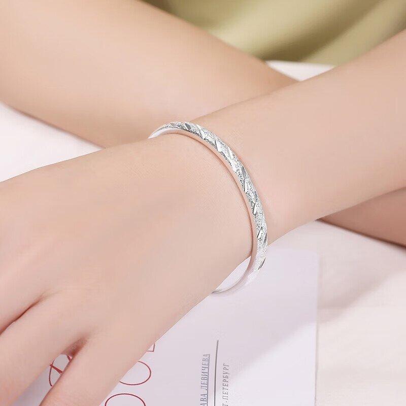 Fashion 925 Silver Adjustable Bracelets For Women Vintage Elegant Geometric Shiny Frosted Bangle Party Jewelry Gifts